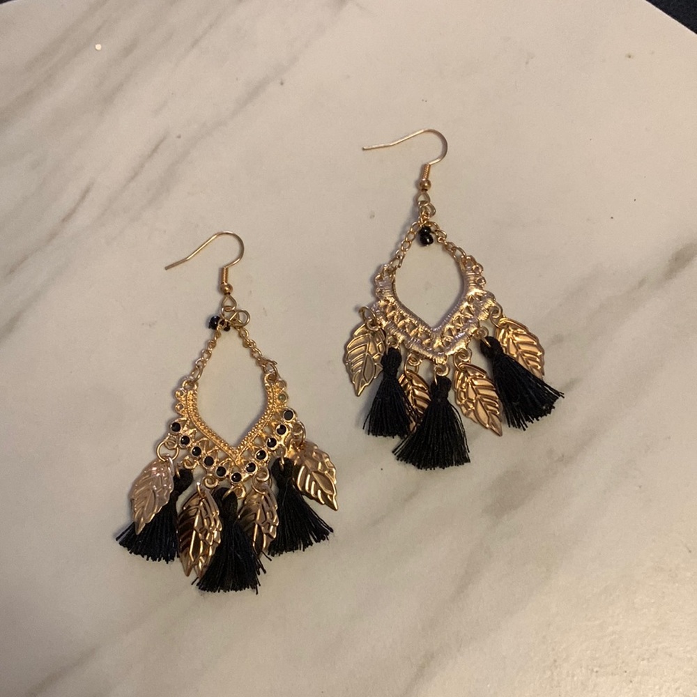Gold Black Leaf Color Boho Gypsy Earrings